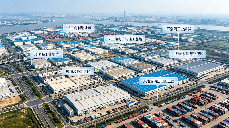 China map with industrial region labels